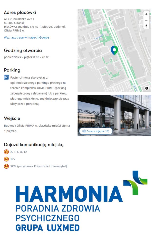 Powiększ obraz: HARMONIA Poradnia Zdrowia Psychicznego Grupa LUX MED Gdańsk - Al. Grunwaldzka 472 E (bud. Olivia PRIME A)